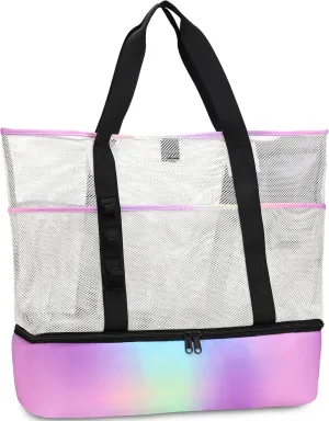 Beach Bag with Cooler,Mesh Beach Bags for Women Sandproof for Pool and Swimming Travel Daily with Durable 8 Pocket