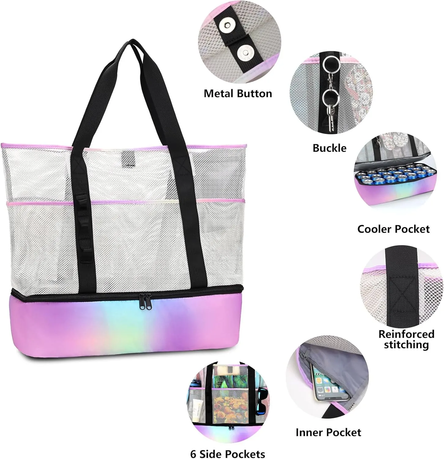 Beach Bag with Cooler,Mesh Beach Bags for Women Sandproof for Pool and Swimming Travel Daily with Durable 8 Pocket