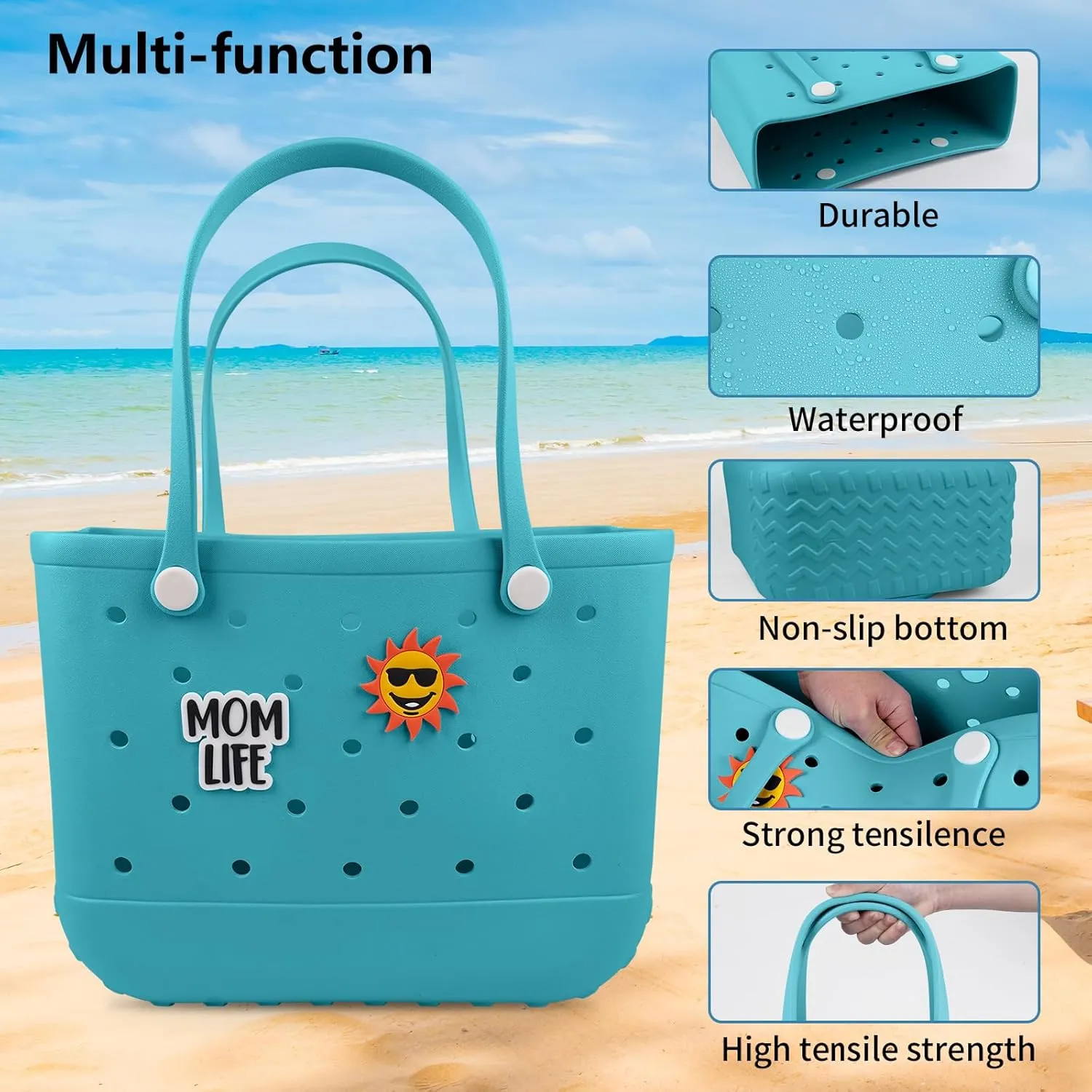 Beach Rubber Bag Tote Bag,Extra Large Waterproof Travel Women Handbag with Charms for Sports Beach Groceries Pool