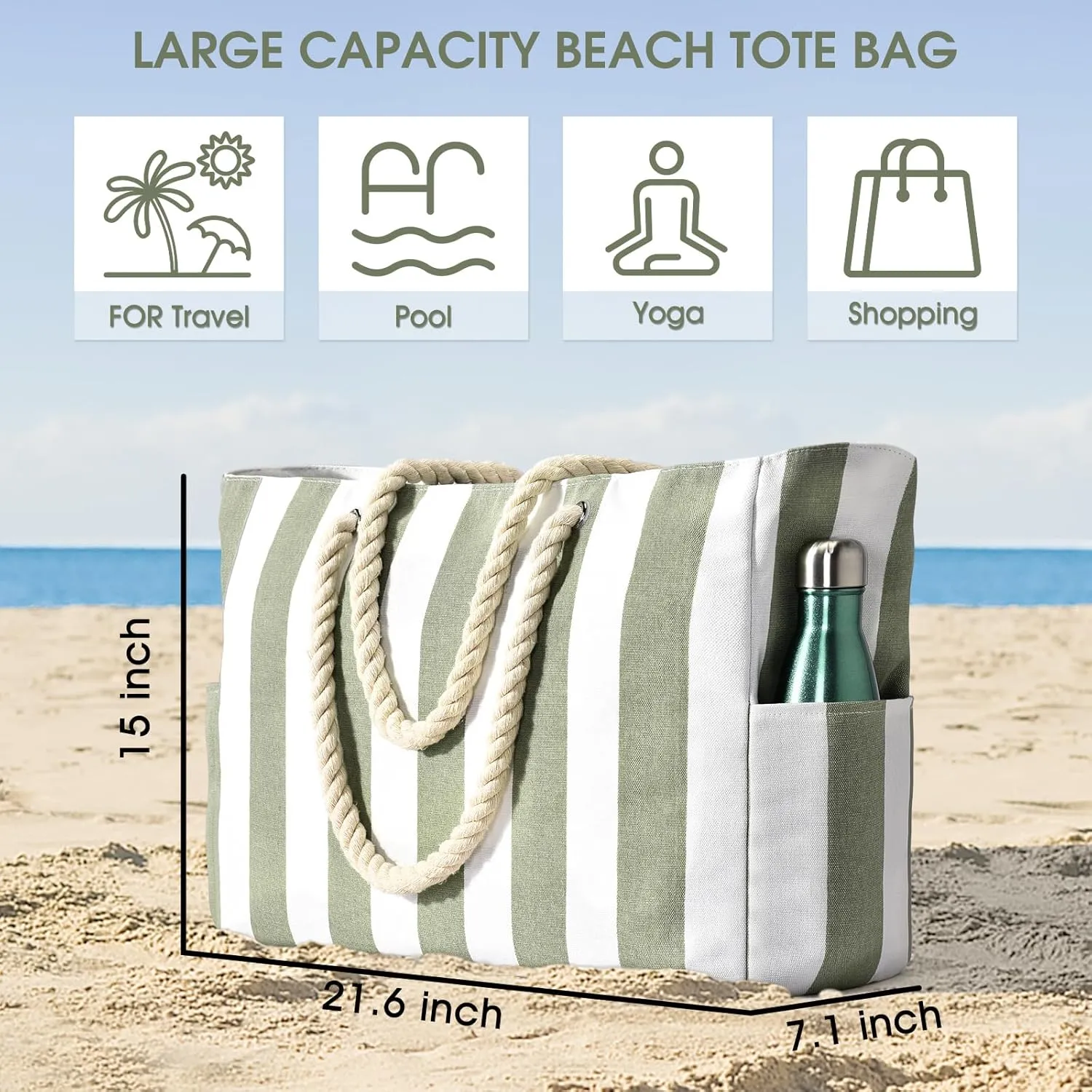 Becokan Women's Pool Swim Bag - Waterproof Sandproof Large Stripe Beach Tote with Zipper