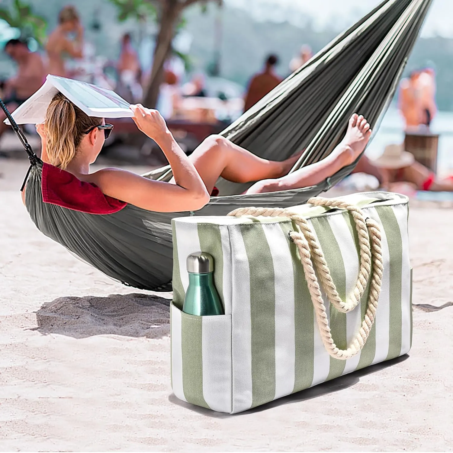Becokan Women's Pool Swim Bag - Waterproof Sandproof Large Stripe Beach Tote with Zipper