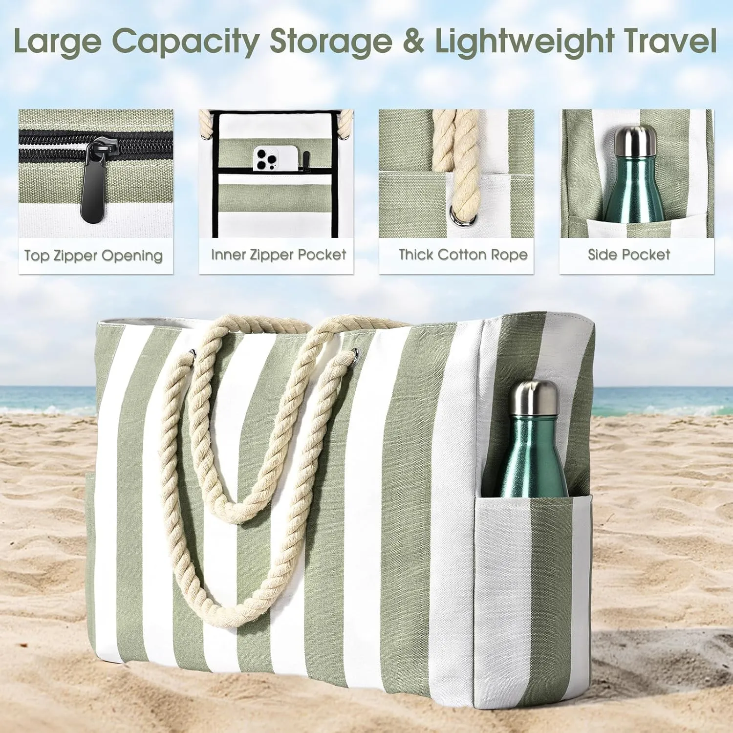 Becokan Women's Pool Swim Bag - Waterproof Sandproof Large Stripe Beach Tote with Zipper