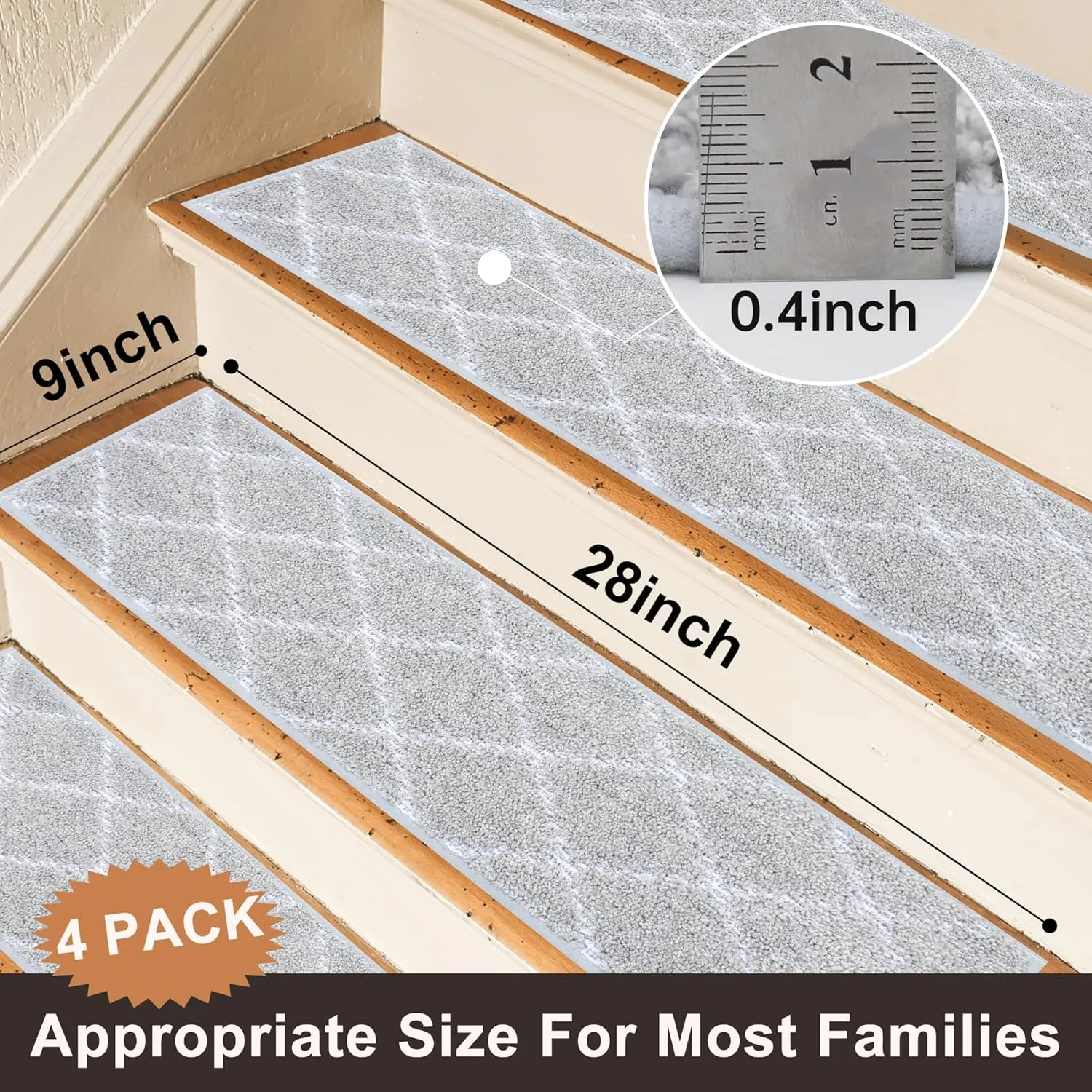 BEQHAUSE Stair Treads for Wooden Steps Non-Slip Stair Rugs Machine Washable Stair Carpet Treads 28inX9in Grey Stair Runner for Elders,Kids and Dogs Polyester Soft Stair Mats,4PCS