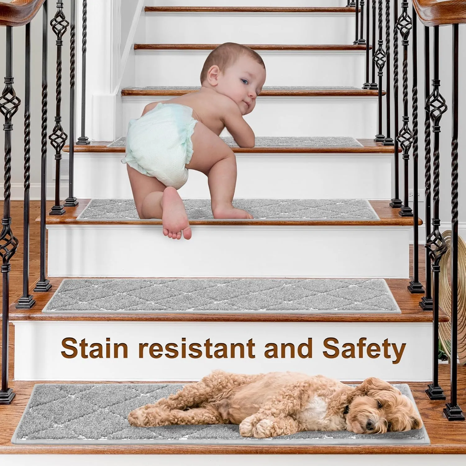 BEQHAUSE Stair Treads for Wooden Steps Non-Slip Stair Rugs Machine Washable Stair Carpet Treads 28inX9in Grey Stair Runner for Elders,Kids and Dogs Polyester Soft Stair Mats,4PCS