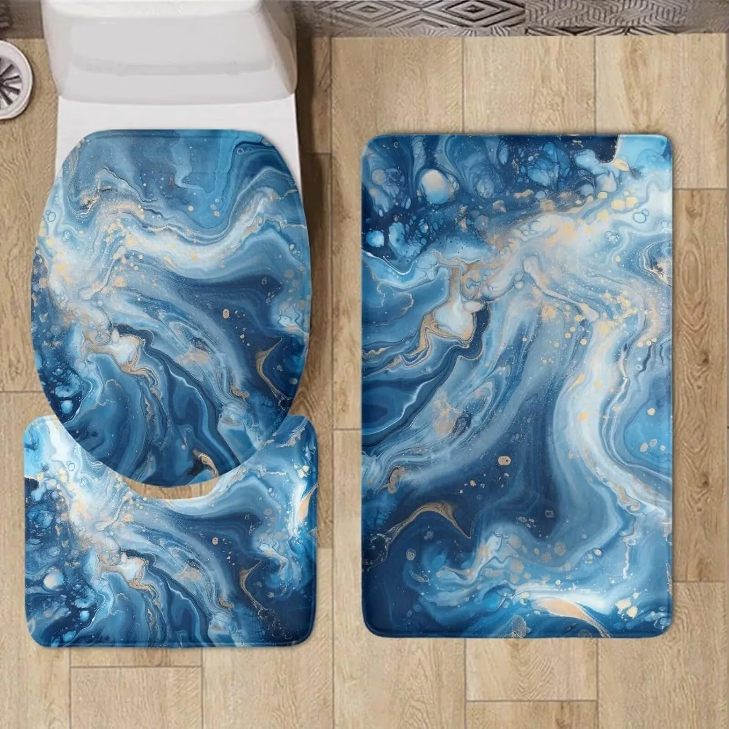 Blue Marble Print Toilet Seat Cover and Rug Set Bath Rug   Contour Mat   Toilet Seat Cover Absorbent Bath Mat Set Non Slip Contour Mat Machine Washable for Floor