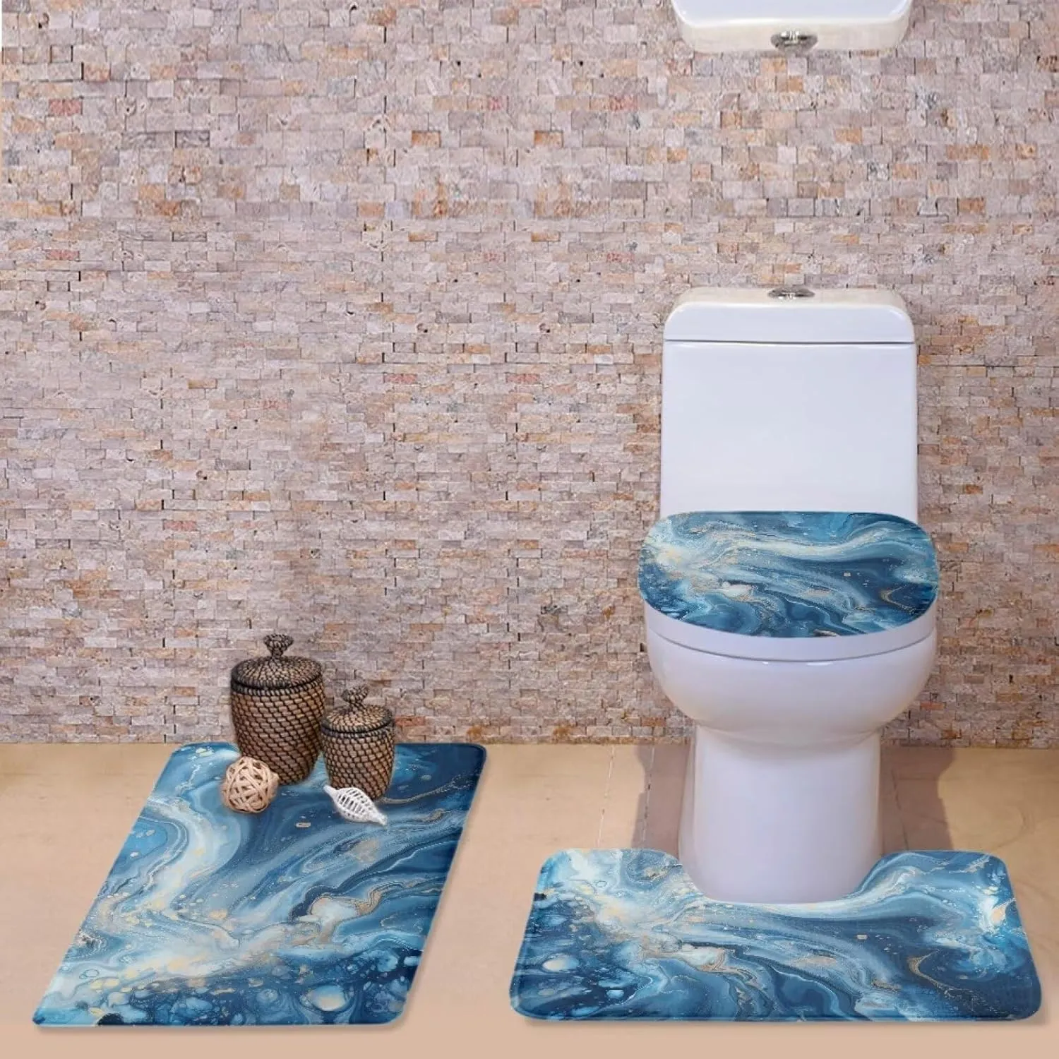 Blue Marble Print Toilet Seat Cover and Rug Set Bath Rug   Contour Mat   Toilet Seat Cover Absorbent Bath Mat Set Non Slip Contour Mat Machine Washable for Floor