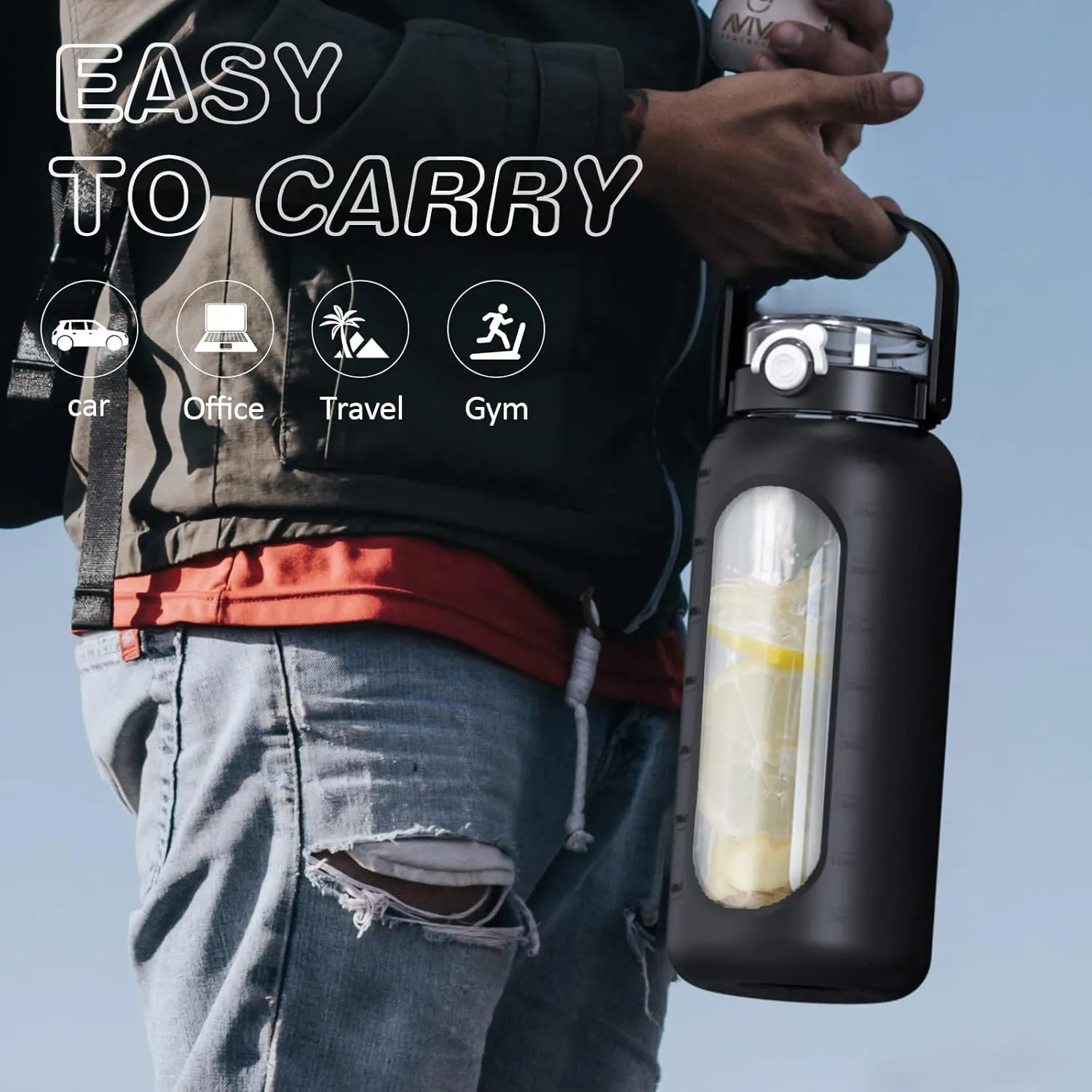 BLUEGO 64oz Glass Water Bottles with Straw Time Marker Half Gallon Large Motivational Water Bottle with Silicone Sleeve 2 Liter Large Glass Water Jug Daily, Black