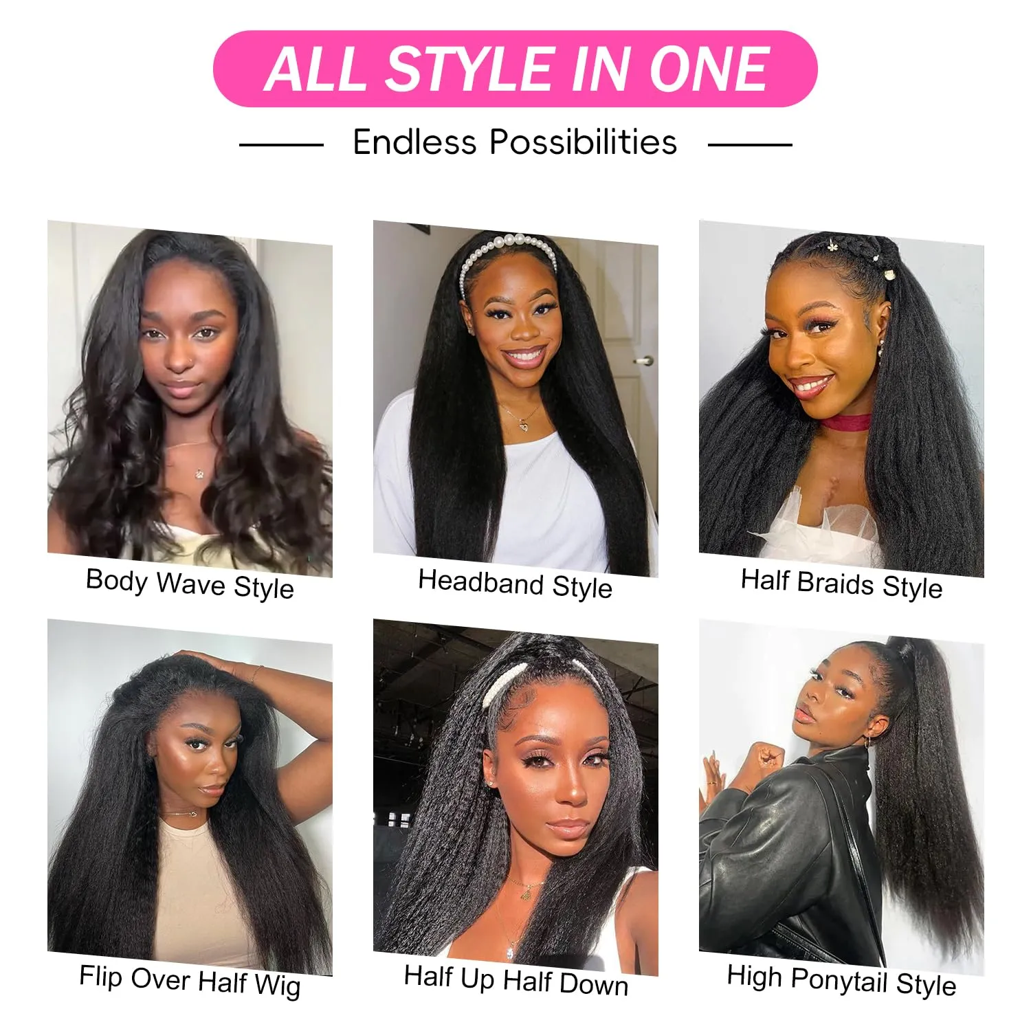 BLY Kinky Straight 3 in 1 Half Wig Human Hair for Women 180% Density Glueless Wear & Go No Lace Flip Over Half Wig Beginner Friendly Seamless Clip In Wigs 18 Inch