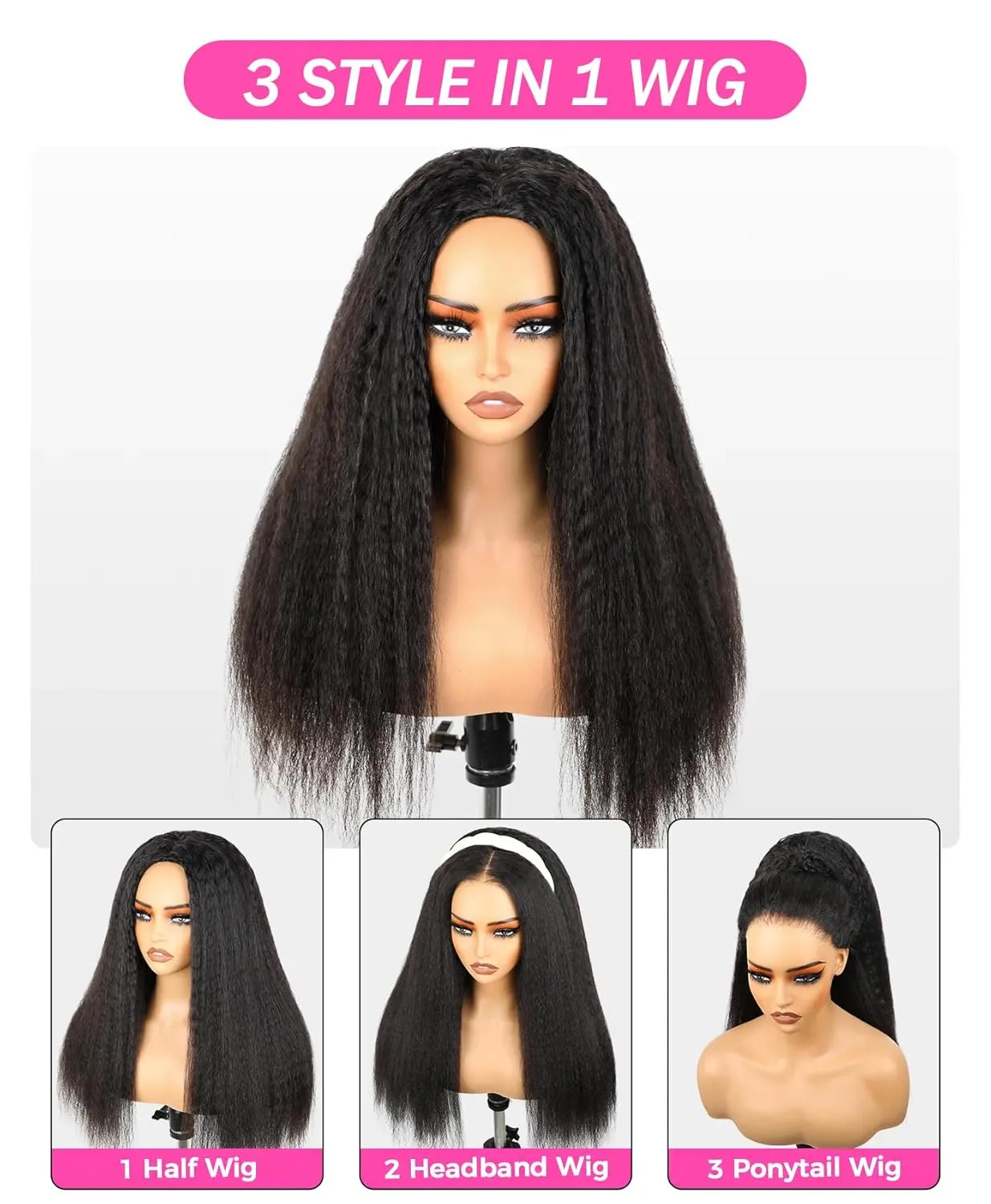 BLY Kinky Straight 3 in 1 Half Wig Human Hair for Women 180% Density Glueless Wear & Go No Lace Flip Over Half Wig Beginner Friendly Seamless Clip In Wigs 18 Inch