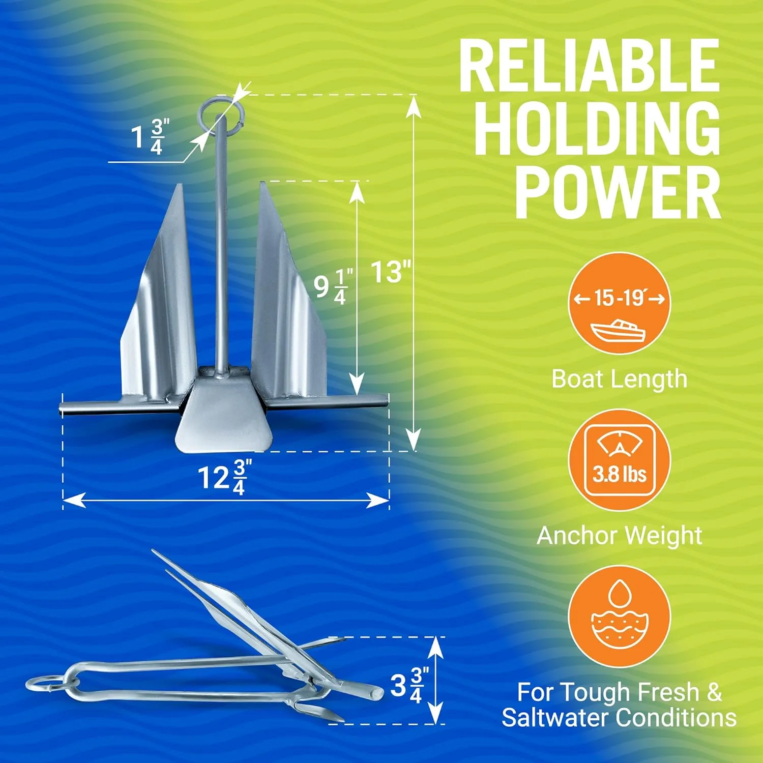Boat Anchor with Slip Ring, Fluke Design for Pontoon, Jon Boat, or Small Boats, Galvanized Steel Marine Grade, Suitable in Sea and Lake, 5 lb Anchor for Boats