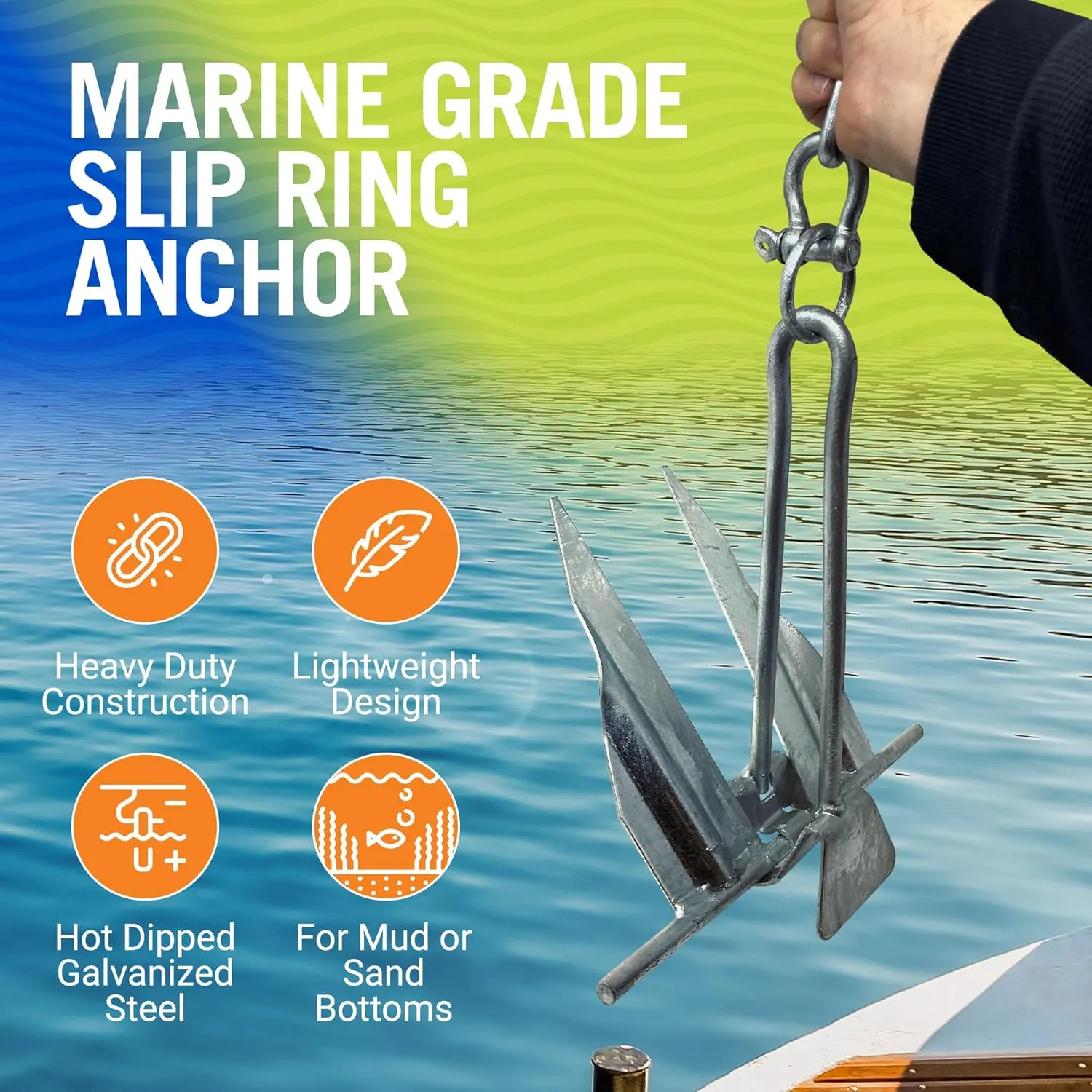 Boat Anchor with Slip Ring, Fluke Design for Pontoon, Jon Boat, or Small Boats, Galvanized Steel Marine Grade, Suitable in Sea and Lake, 5 lb Anchor for Boats