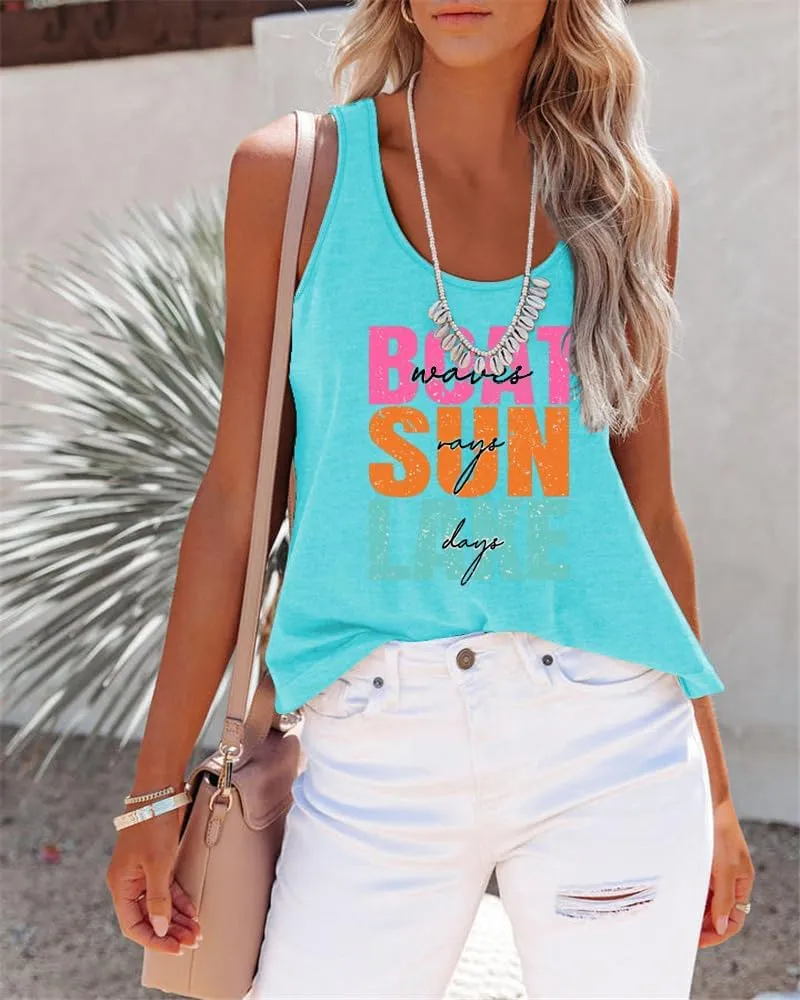 Boat Waves Sun Rays Lake Days Tank Beach Tshirts Women Summer Lake Life Shirts, X-Large