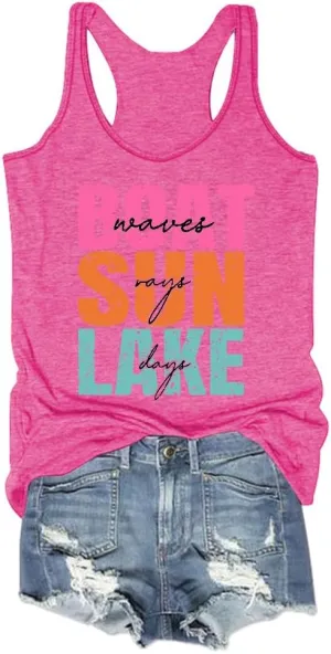 Boat Waves Sun Rays Lake Days Tank Beach Tshirts Women Summer Lake Life Shirts, X-Large