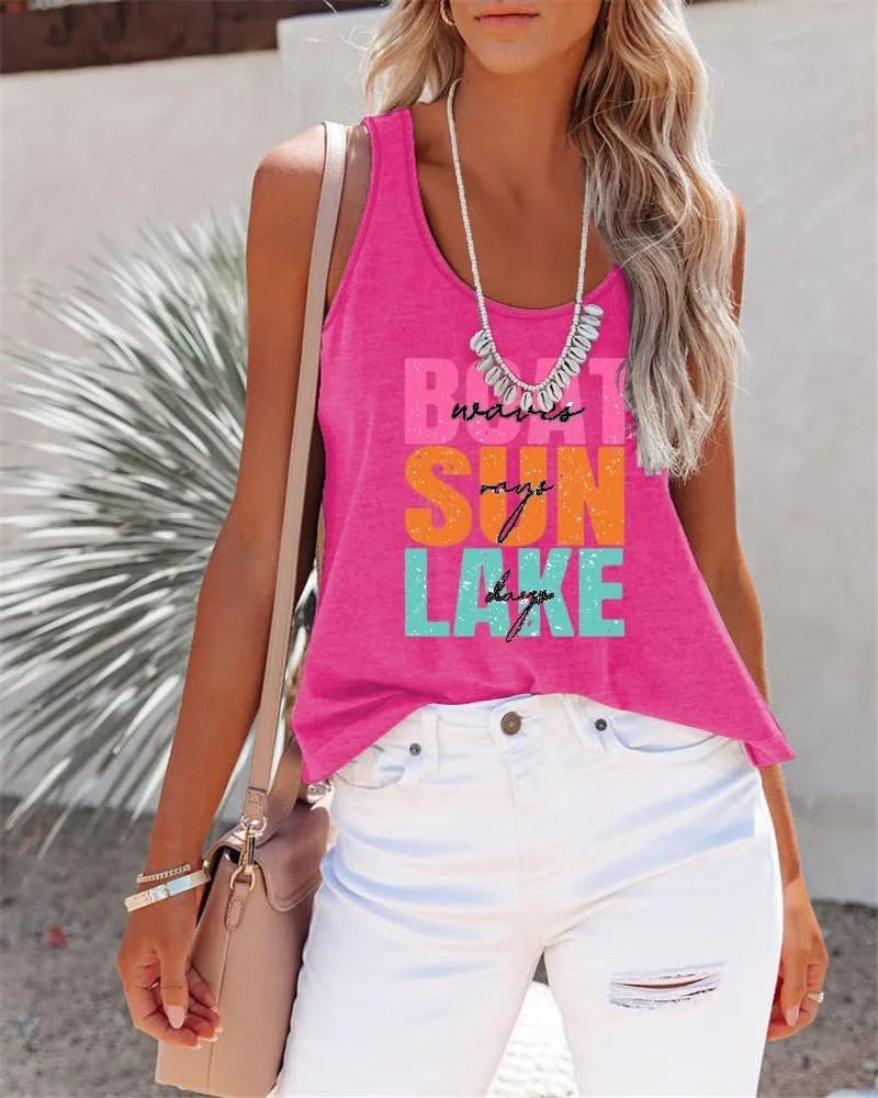Boat Waves Sun Rays Lake Days Tank Beach Tshirts Women Summer Lake Life Shirts, X-Large