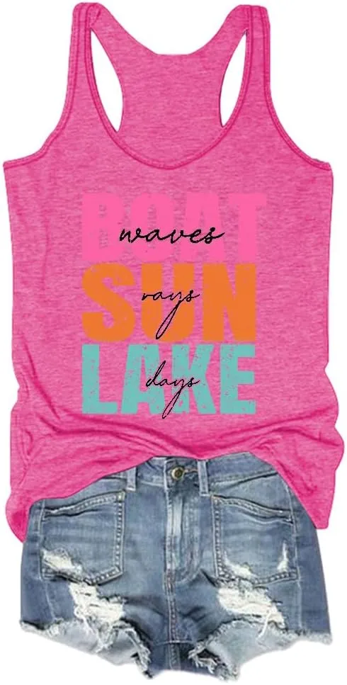 Boat Waves Sun Rays Lake Days Tank Beach Tshirts Women Summer Lake Life Shirts, X-Large