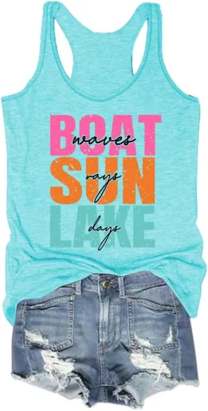 Boat Waves Sun Rays Lake Days Tank Beach Tshirts Women Summer Lake Life Shirts, X-Large