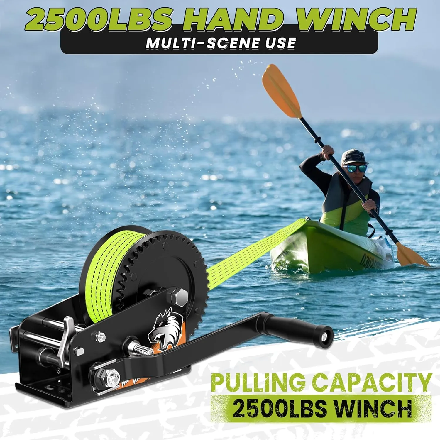 Boat Winches for Trailers, Heavy Duty Boat Trailer Winch with 33FT Strap, 2- Way Ratchet and Ratio 4:1/8:1 Gear Two Speed Switchable 2500 lbs Hand Crank Winch,Towing Truck, ATV, RV and Jet Ski