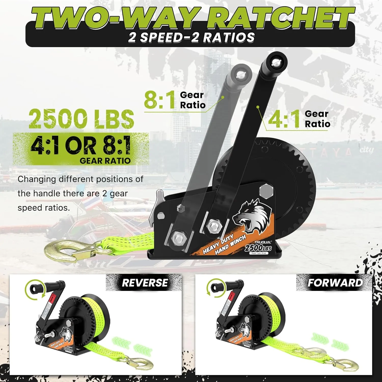 Boat Winches for Trailers, Heavy Duty Boat Trailer Winch with 33FT Strap, 2- Way Ratchet and Ratio 4:1/8:1 Gear Two Speed Switchable 2500 lbs Hand Crank Winch,Towing Truck, ATV, RV and Jet Ski