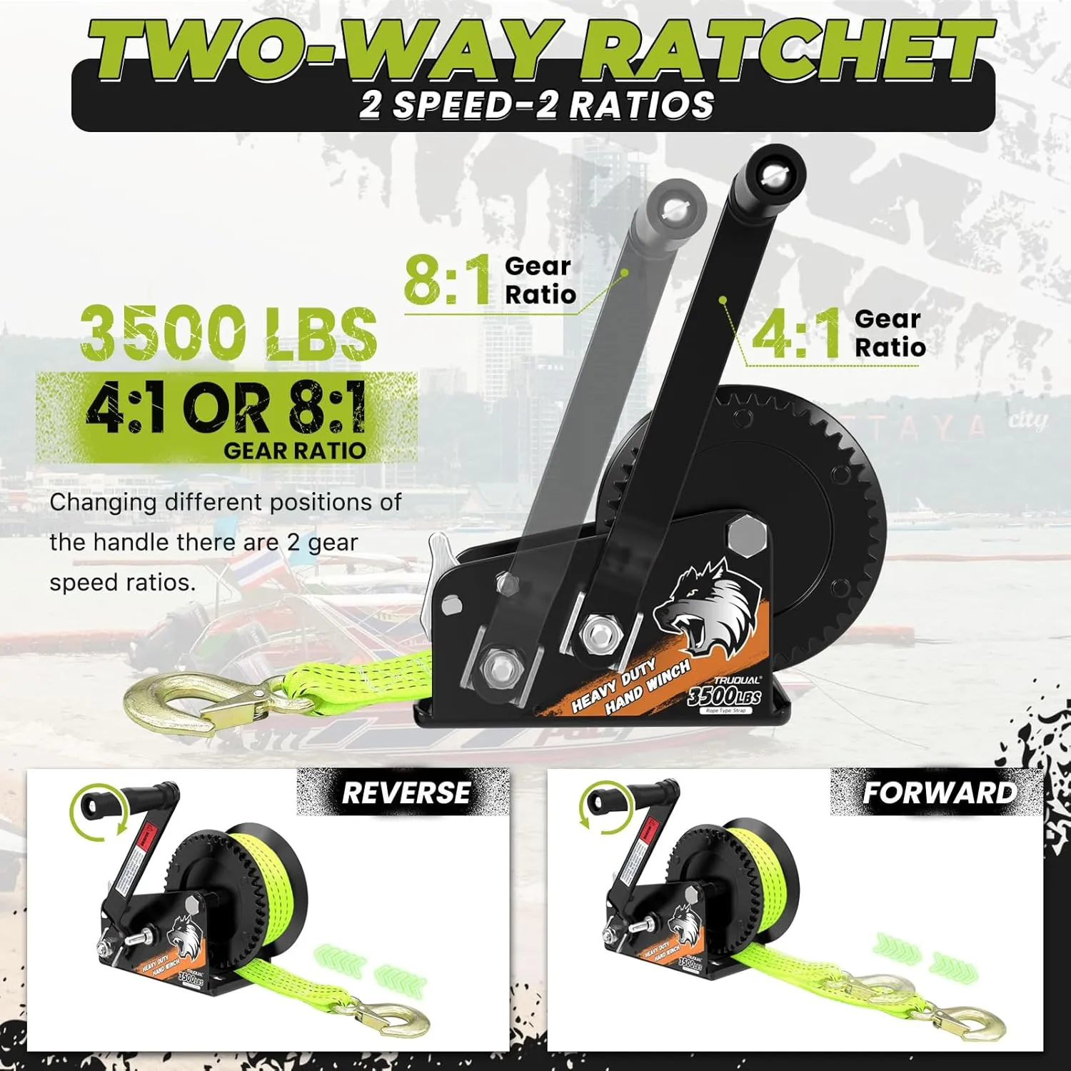 Boat Winches for Trailers, Heavy Duty Boat Trailer Winch with 33FT Strap, 2- Way Ratchet and Ratio 4:1/8:1 Gear Two Speed Switchable 3500lbs Hand Crank Winch,Towing Truck, ATV, RV and Jet Ski