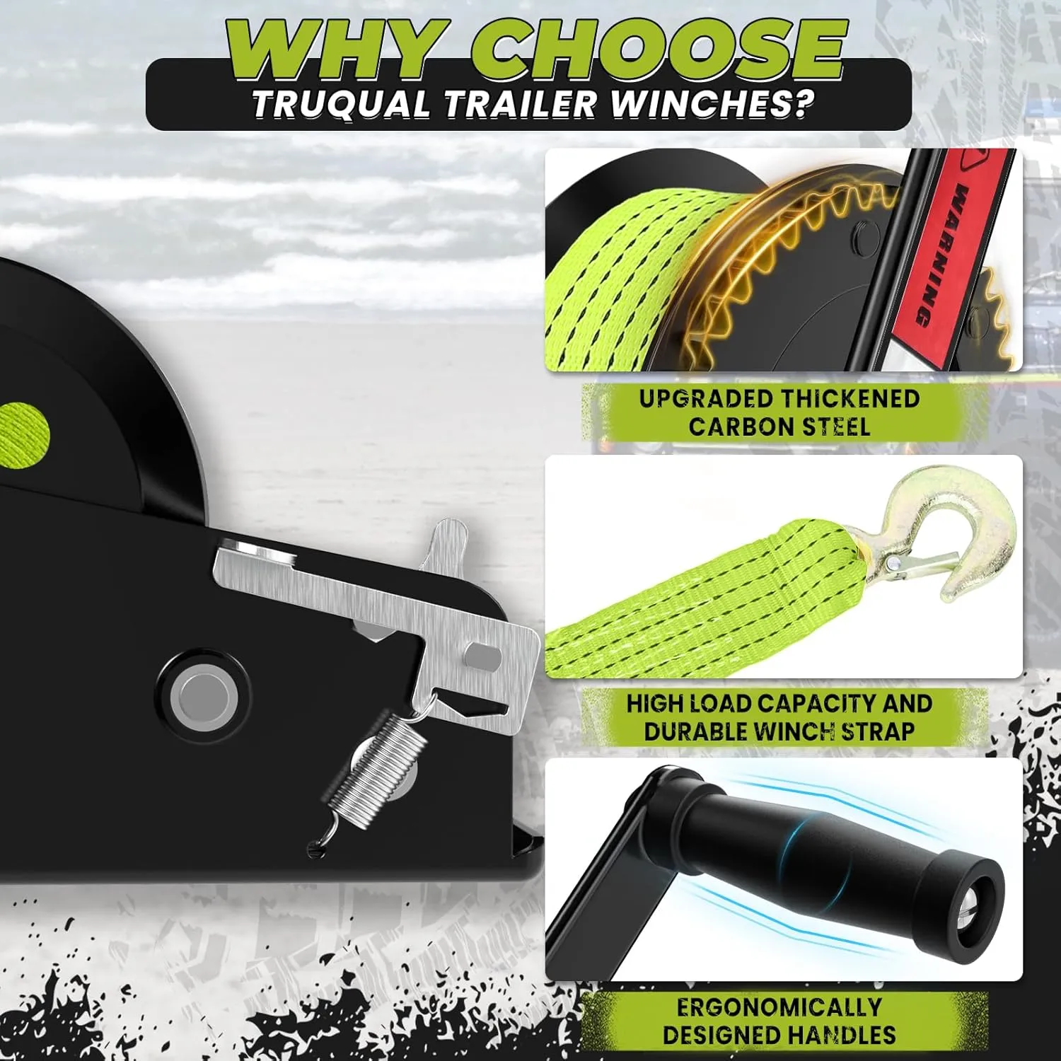 Boat Winches for Trailers, Heavy Duty Boat Trailer Winch with 33FT Strap, 2- Way Ratchet and Ratio 4:1/8:1 Gear Two Speed Switchable 3500lbs Hand Crank Winch,Towing Truck, ATV, RV and Jet Ski