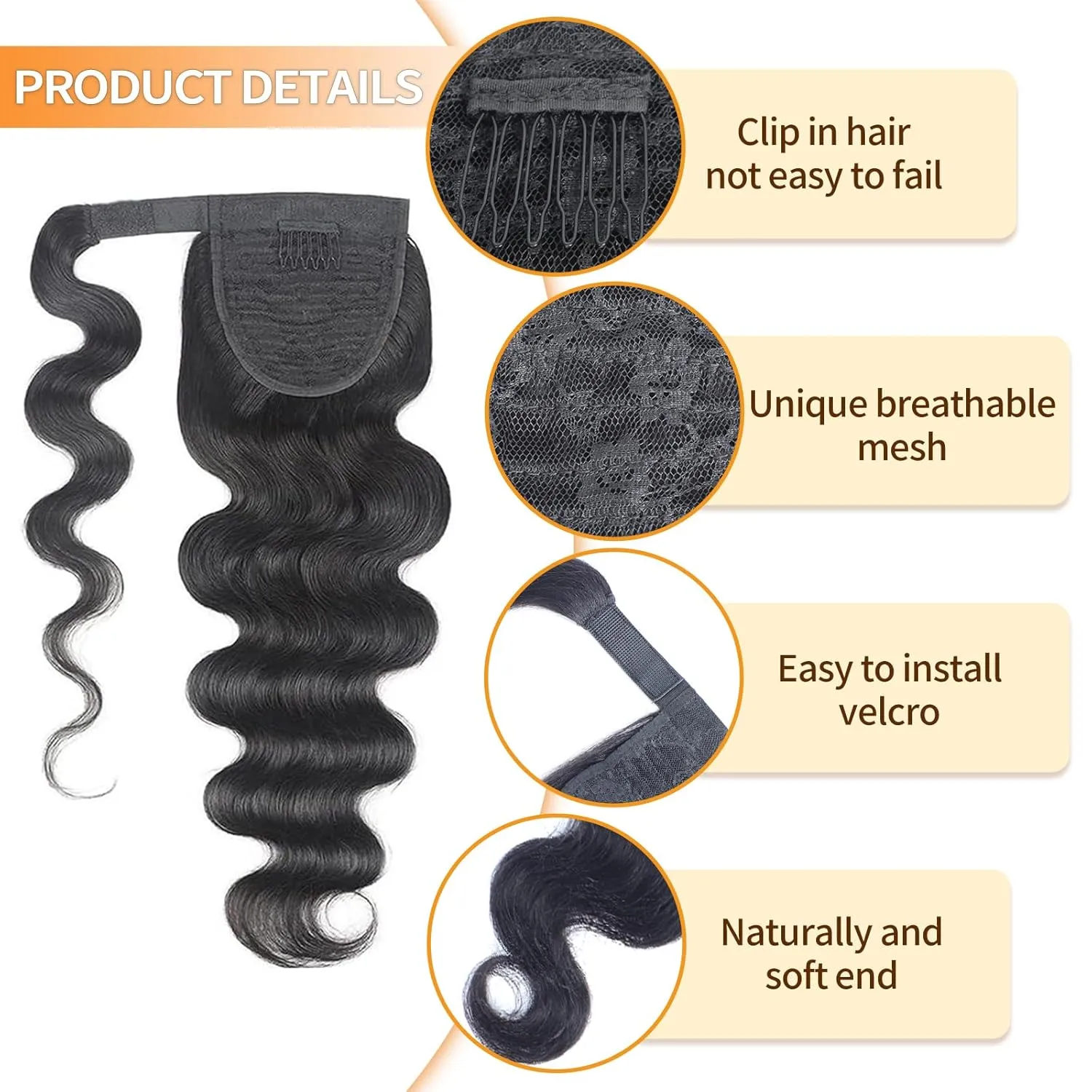 Body Wave Ponytail Extension Human Hair Wrap Around Magic Paste Ponytail Clip In Real Brazilian Virgin Human Hair pieces For Black Women Natural Black (Body Wave Ponytail, 18 Inch)