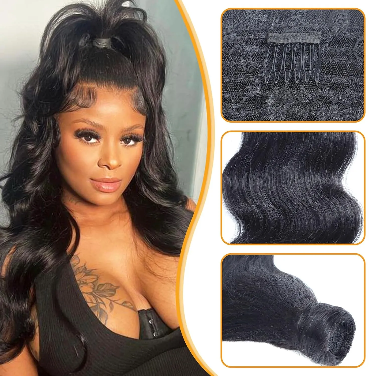 Body Wave Ponytail Extension Human Hair Wrap Around Magic Paste Ponytail Clip In Real Brazilian Virgin Human Hair pieces For Black Women Natural Black (Body Wave Ponytail, 18 Inch)