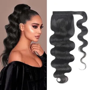 Body Wave Ponytail Extension Human Hair Wrap Around Magic Paste Ponytail Clip In Real Brazilian Virgin Human Hair pieces For Black Women Natural Black (Body Wave Ponytail, 18 Inch)