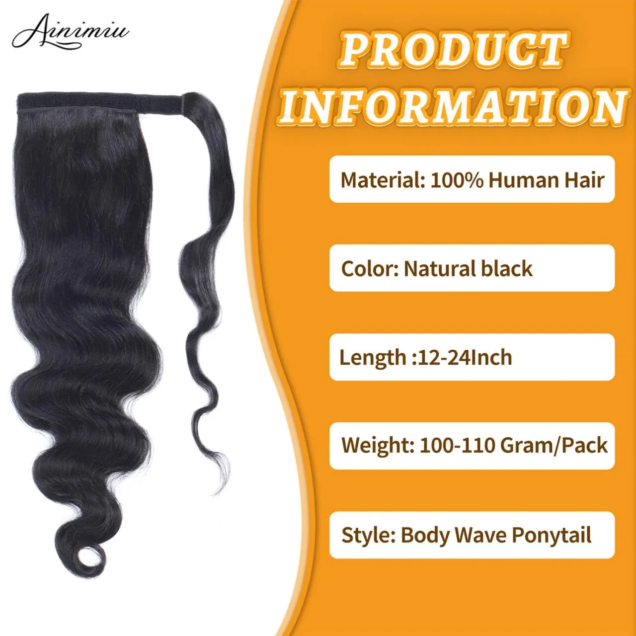Body Wave Ponytail Extension Human Hair Wrap Around Magic Paste Ponytail Clip In Real Brazilian Virgin Human Hair pieces For Black Women Natural Black (Body Wave Ponytail, 18 Inch)