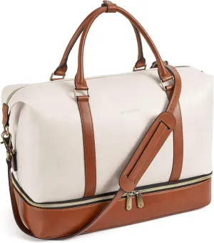 BOSTANTEN Weekender Bags for Women Leather Travel Duffle Bag Carry On Overnight Duffel with Shoe Compartment, Beige&Brown