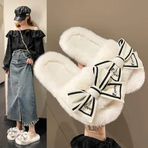 Bow Tie Slippers Soft and Fluffy Open Toe Slippers for Women Winter Indoor Outdoor Shoes