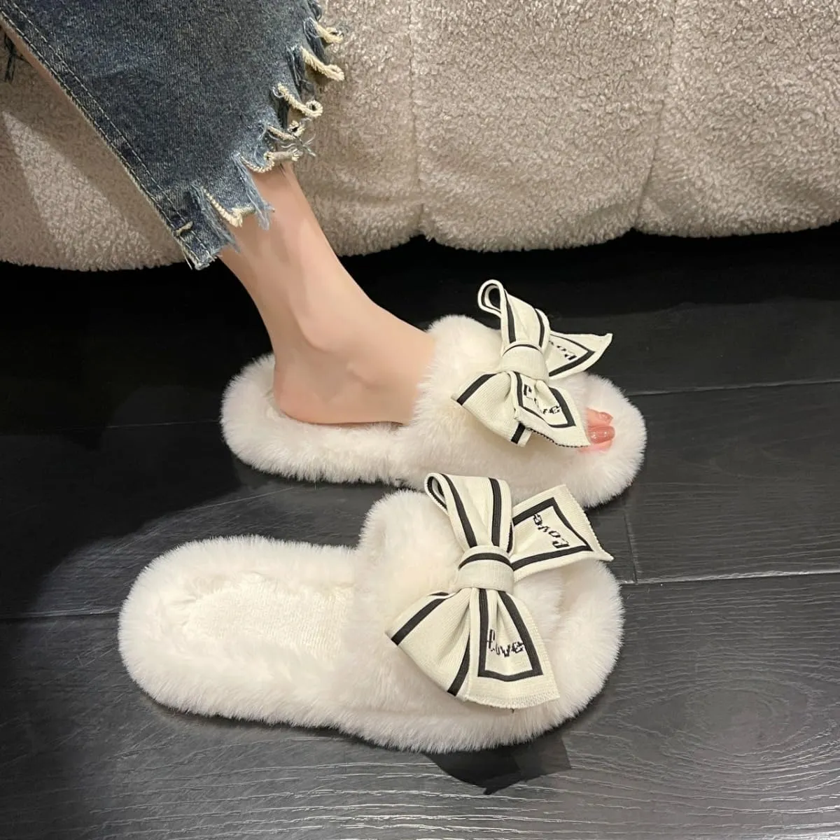 Bow Tie Slippers Soft and Fluffy Open Toe Slippers for Women Winter Indoor Outdoor Shoes