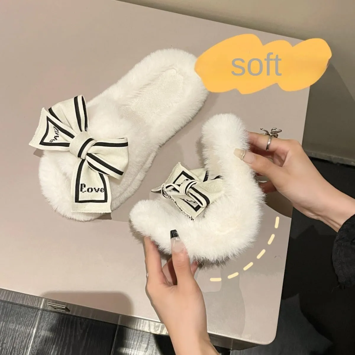 Bow Tie Slippers Soft and Fluffy Open Toe Slippers for Women Winter Indoor Outdoor Shoes