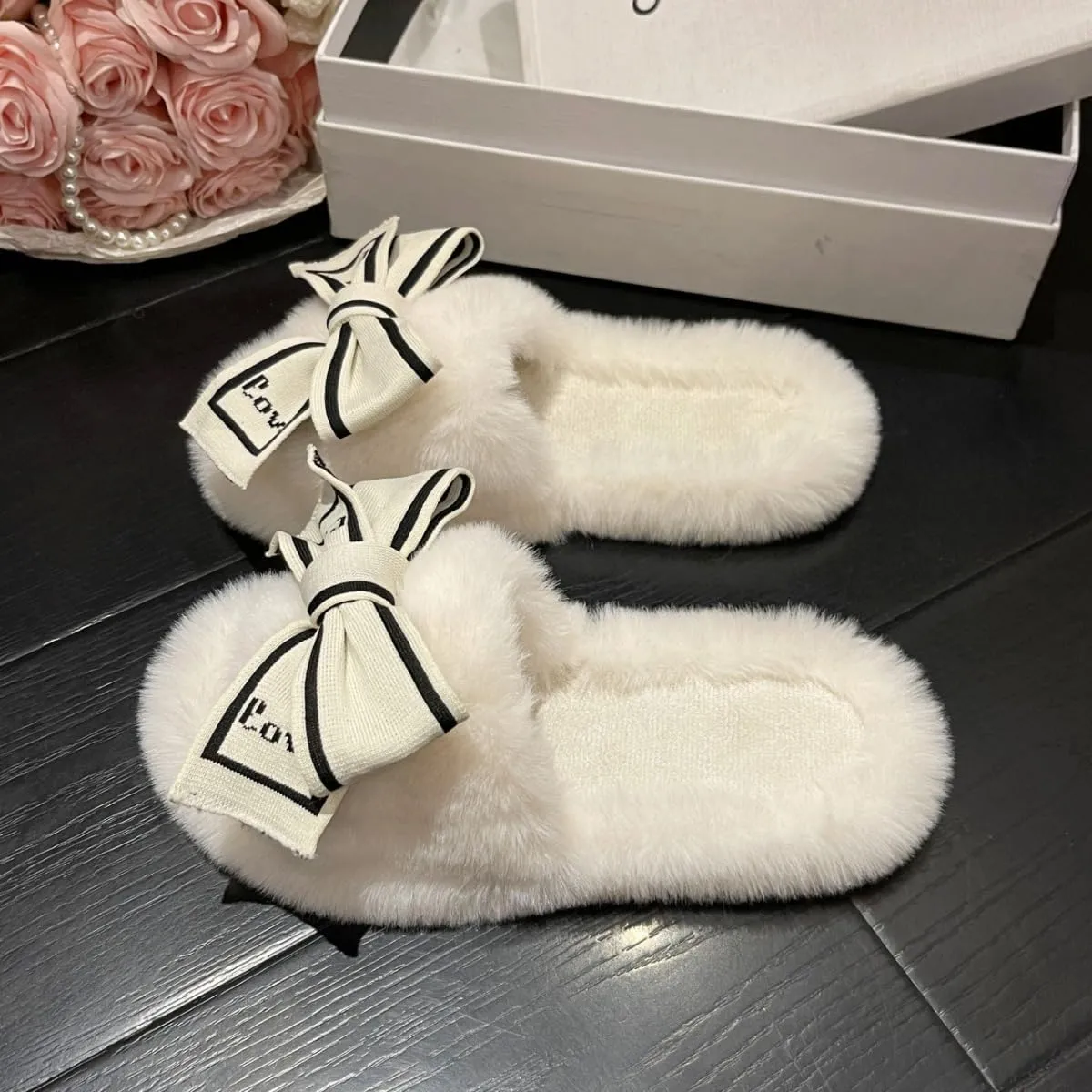 Bow Tie Slippers Soft and Fluffy Open Toe Slippers for Women Winter Indoor Outdoor Shoes