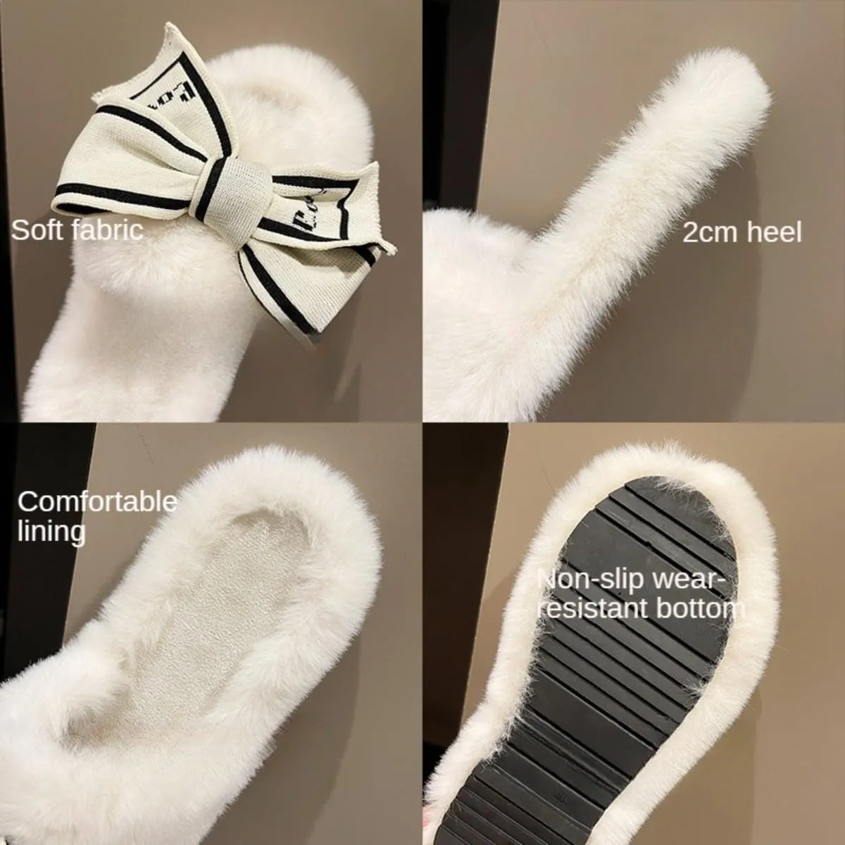 Bow Tie Slippers Soft and Fluffy Open Toe Slippers for Women Winter Indoor Outdoor Shoes