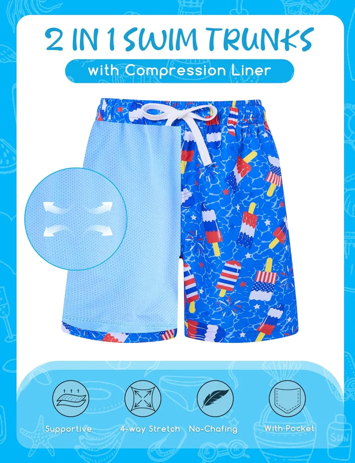 Boys Swim Trunks with Compression Liner for 6-20 Years Kids Quick Dry Bathing Suit