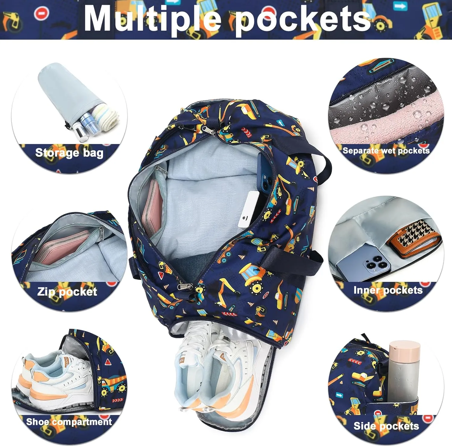 BTOOP Kids Overnight Bag for Boys Small Truck Sports Gym Duffle Bags With Shoe Compartment Toddler Weekender Sleepover Tote for Travel