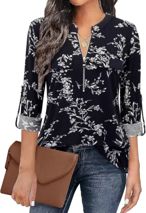 Bulotus Women's Zip Front V-Neck 3/4 Sleeve Tunic Casual Top