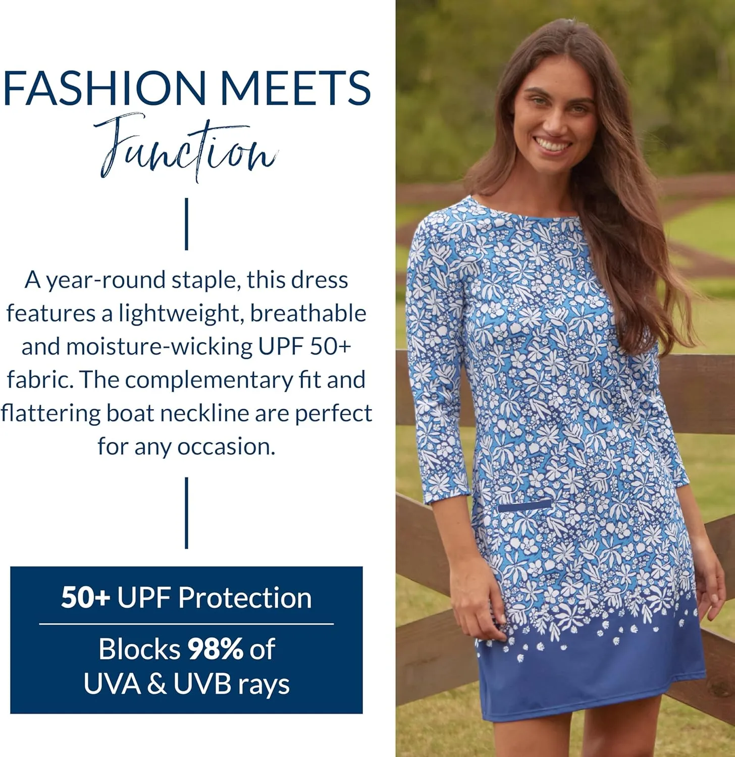 Cabana Life Shift Dress, UPF 50  Sun Protection Casual Dress, Boat Neckline, Quarter Sleeve, Womens Fashion