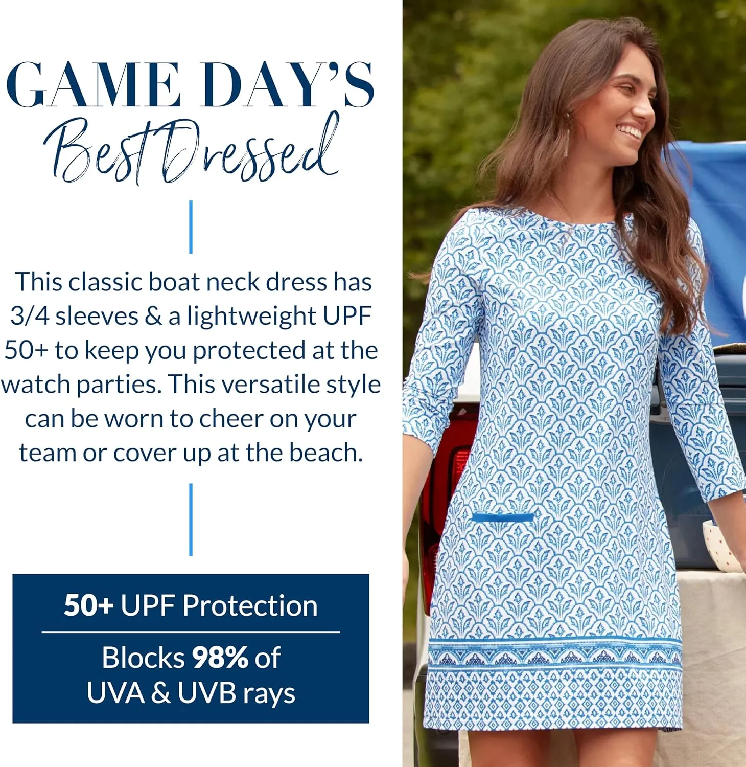 Cabana Life Shift Dress, UPF 50  Sun Protection Casual Dress, Boat Neckline, Quarter Sleeve, Womens Fashion