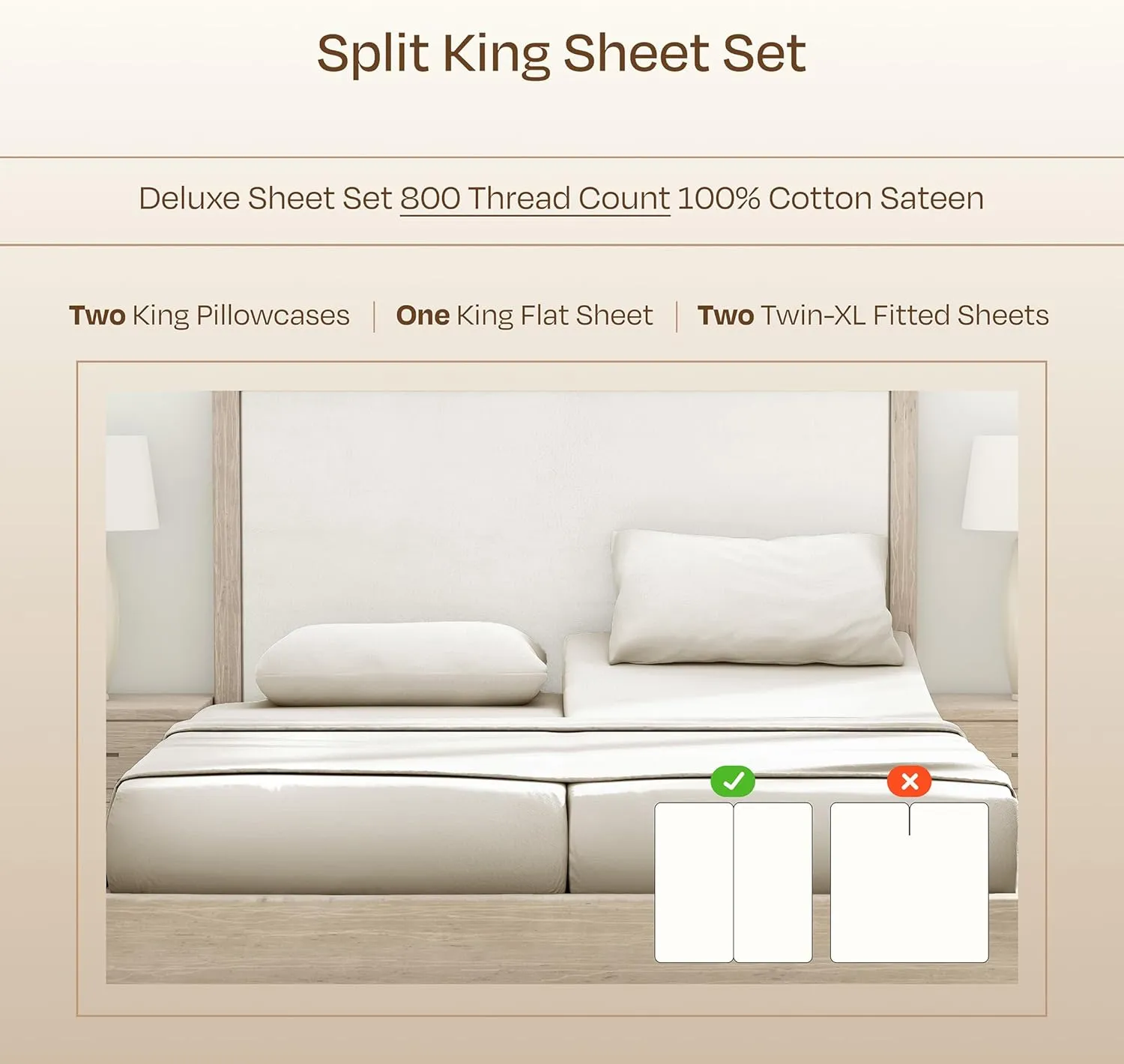 California Design Den Luxury Split King Sheets Sets for Adjustable Bed, Buttery Soft 800 Thread Count Sateen, 100% Cotton Set,Beats Fake Egyptian Claims,Durable Twin XL Fitted Sheets(Creamy Ivory)