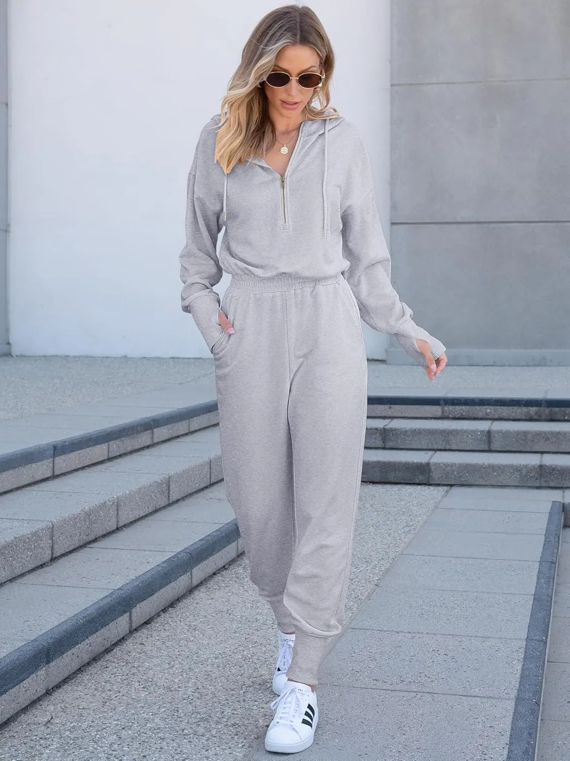 Caracilia Jumpsuits for Women Fall Casual Sweatsuits Long Sleeve Zip Sweatshirts Jogger Sweatpants One Piece Romper Outfits