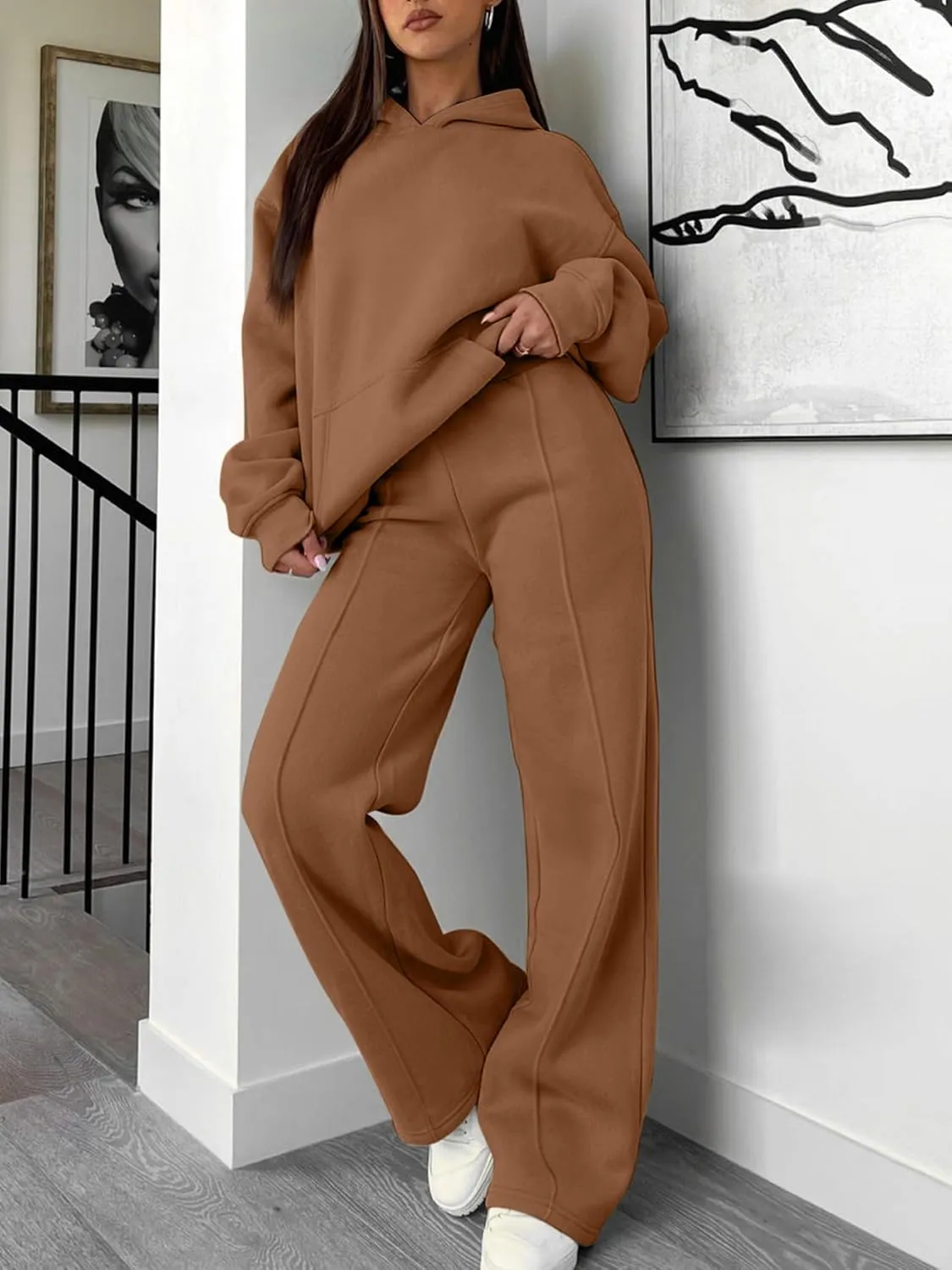 Caracilia Women's 2 Piece Outfits Sweatsuit Sets Oversized Hoodies Wide Leg Sweatpant Tracksuit 2024 Fall Matching Lounge Set