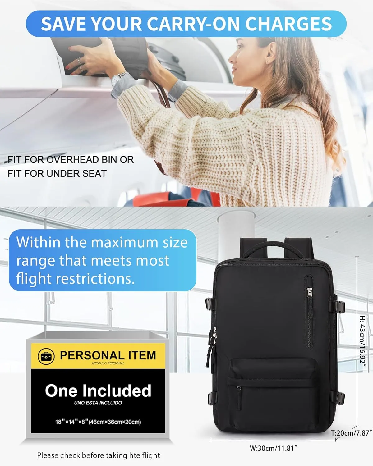 Carry On Backpack for Women, Large Travel Backpack Flight Approved, Waterproof 17 Inch Laptop Backpack Business Work Backpacks Men Mochila De Viaje, Black