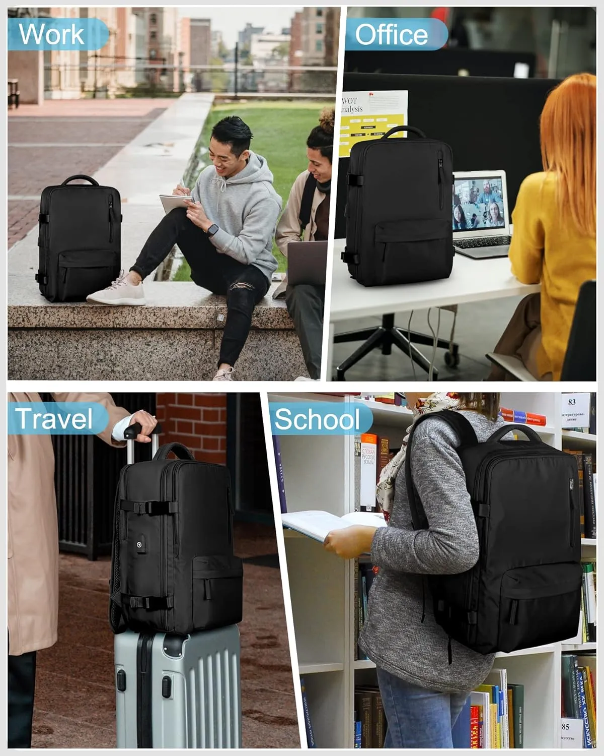 Carry On Backpack for Women, Large Travel Backpack Flight Approved, Waterproof 17 Inch Laptop Backpack Business Work Backpacks Men Mochila De Viaje, Black