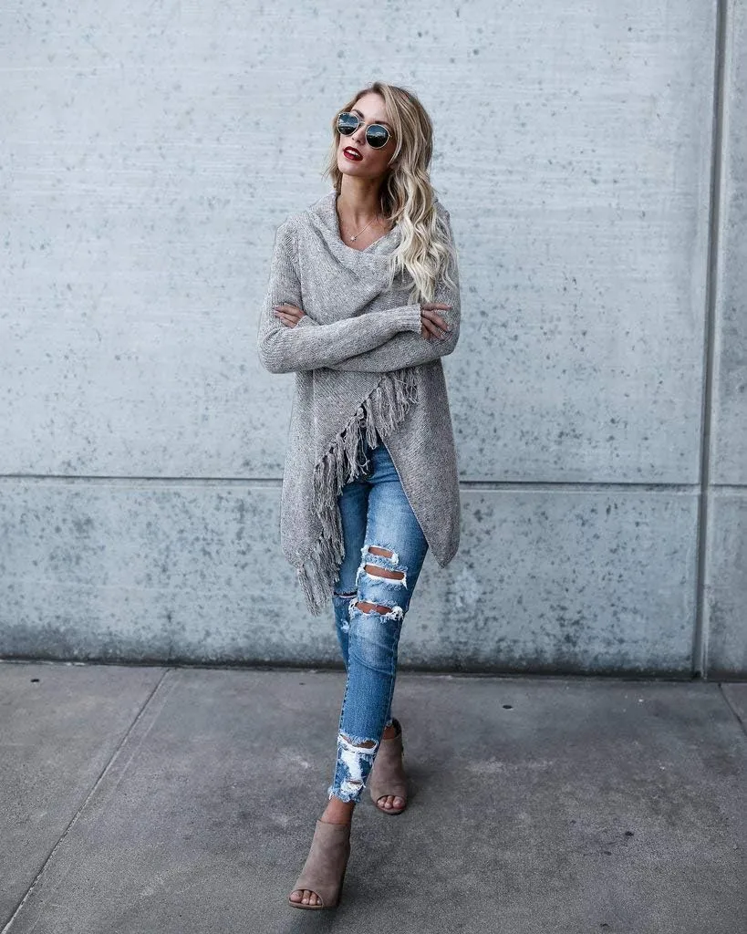 CEASIKERY Women's Tassel Hem Sweater Long Cardigan Knitwer Pullover Poncho Coat