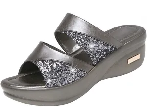 CERYTHRINA Womens Glitter Platform Wedge Slipper Summer Sequins Slides Sandals