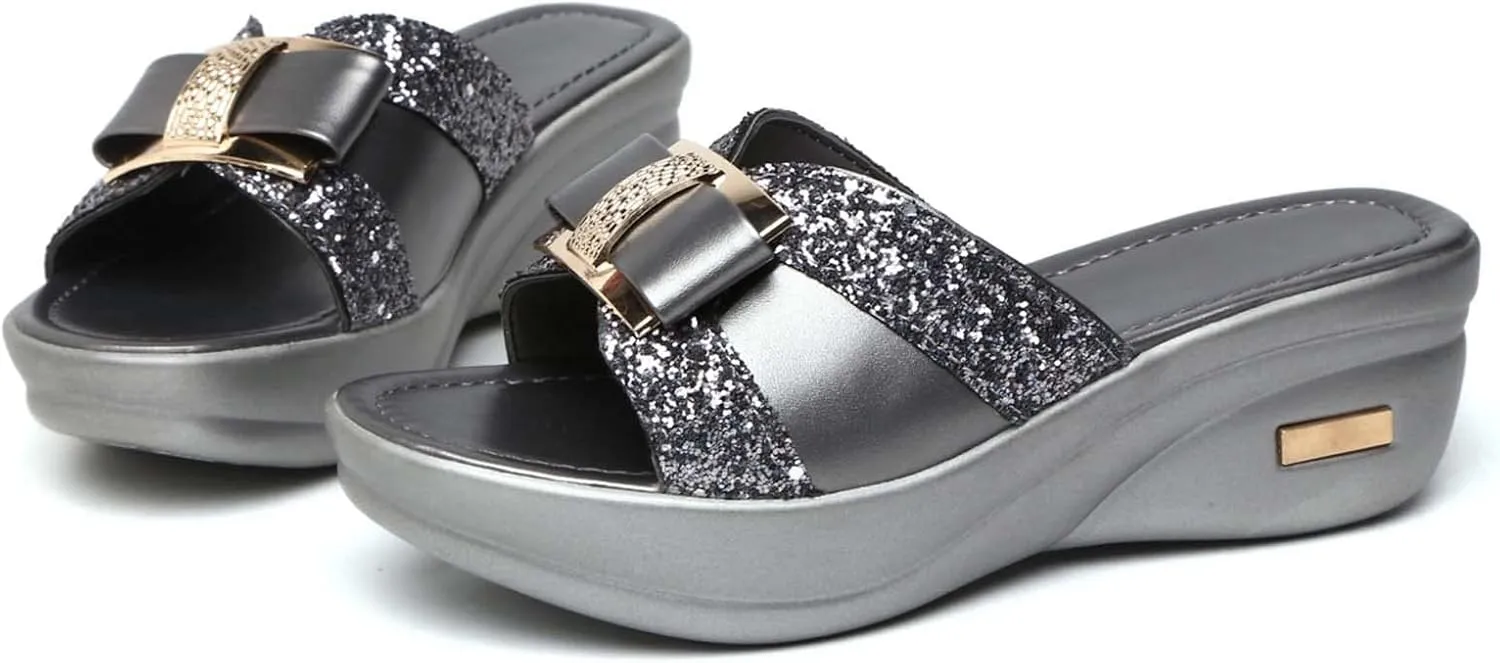 CERYTHRINA Womens Glitter Platform Wedge Slipper Summer Sequins Slides Sandals