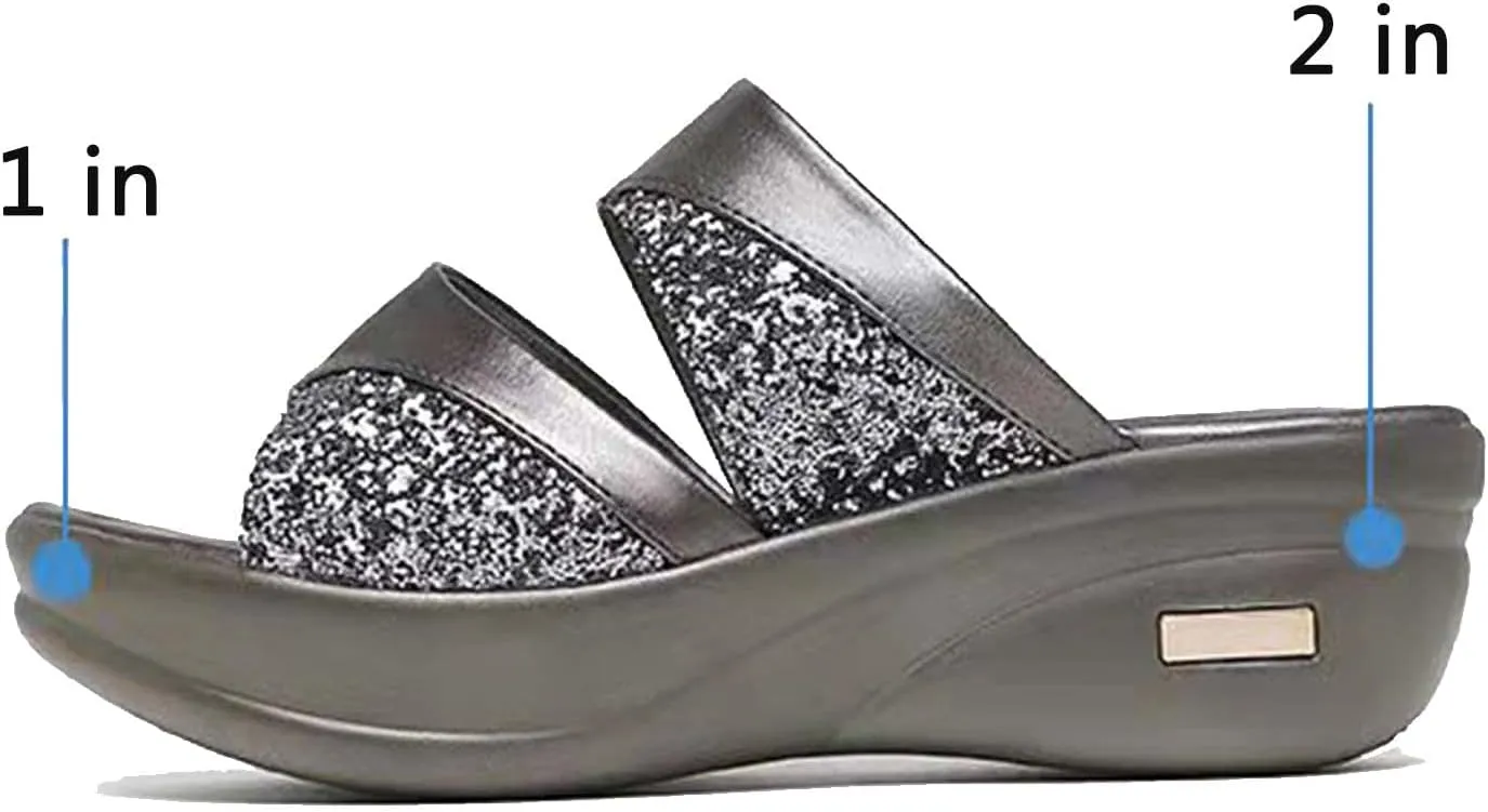 CERYTHRINA Womens Glitter Platform Wedge Slipper Summer Sequins Slides Sandals