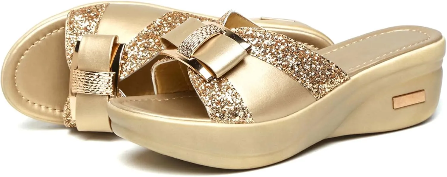 CERYTHRINA Womens Glitter Platform Wedge Slipper Summer Sequins Slides Sandals