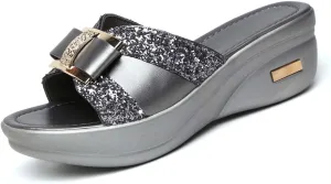 CERYTHRINA Womens Glitter Platform Wedge Slipper Summer Sequins Slides Sandals
